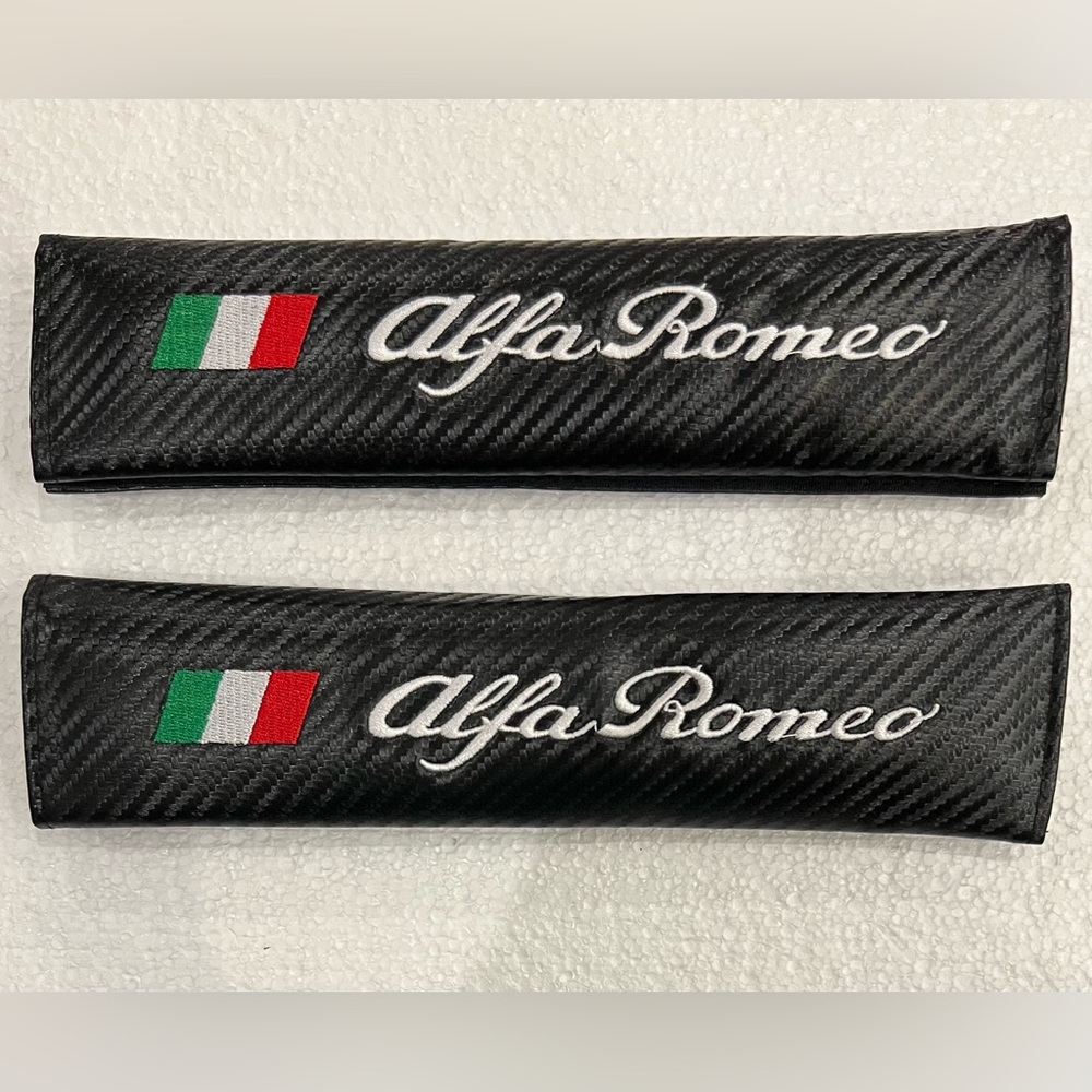 ALFA ROMEO Carbon Fiber Black Leather & White Seat Belt Shoulder Cushions
